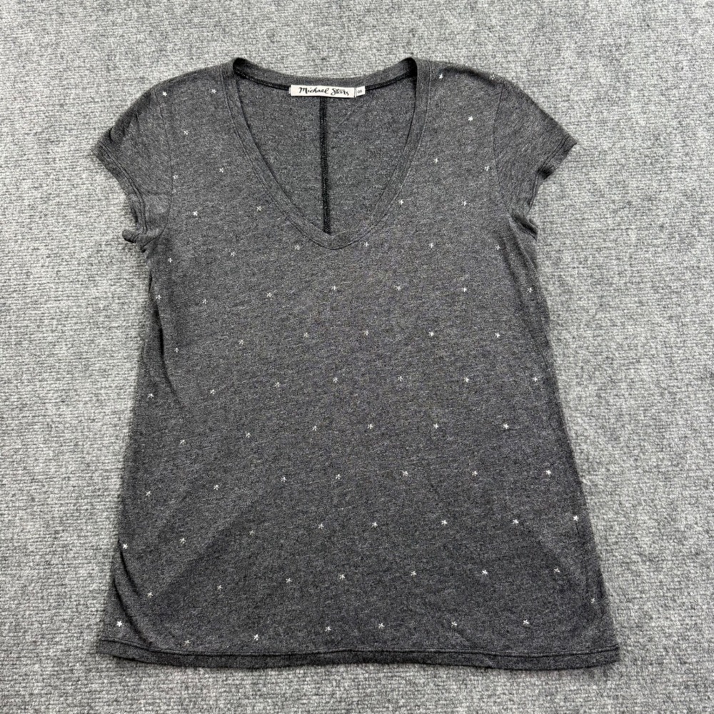 Michael Stars T-Shirt One Size Gray Star Print V-Neck Cap Sleeve 6992 Womens